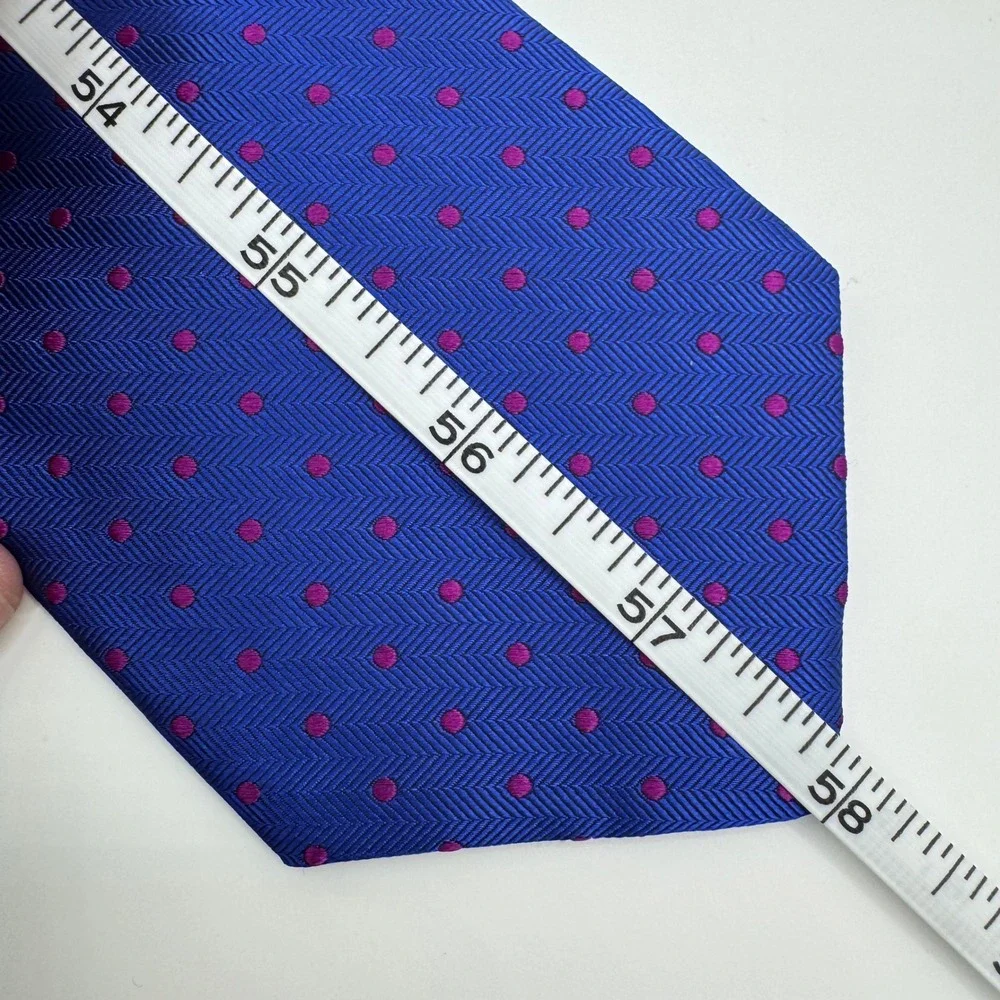Tom James Mens Silk Tie Blue Herringbone Magenta Pink Polka Dot‎ Classic Necktie